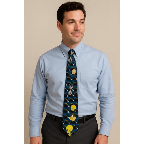 Vintage Looney Tunes Character Print Blue Silk Necktie Warner Bros - Picture 1 of 8